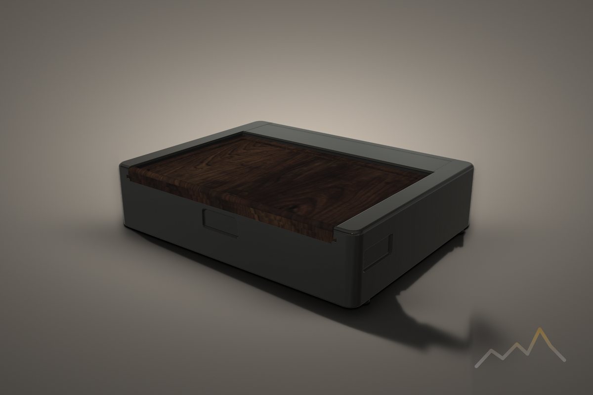 The closed case at three-quarter view, walnut tray visible through the lid opening.