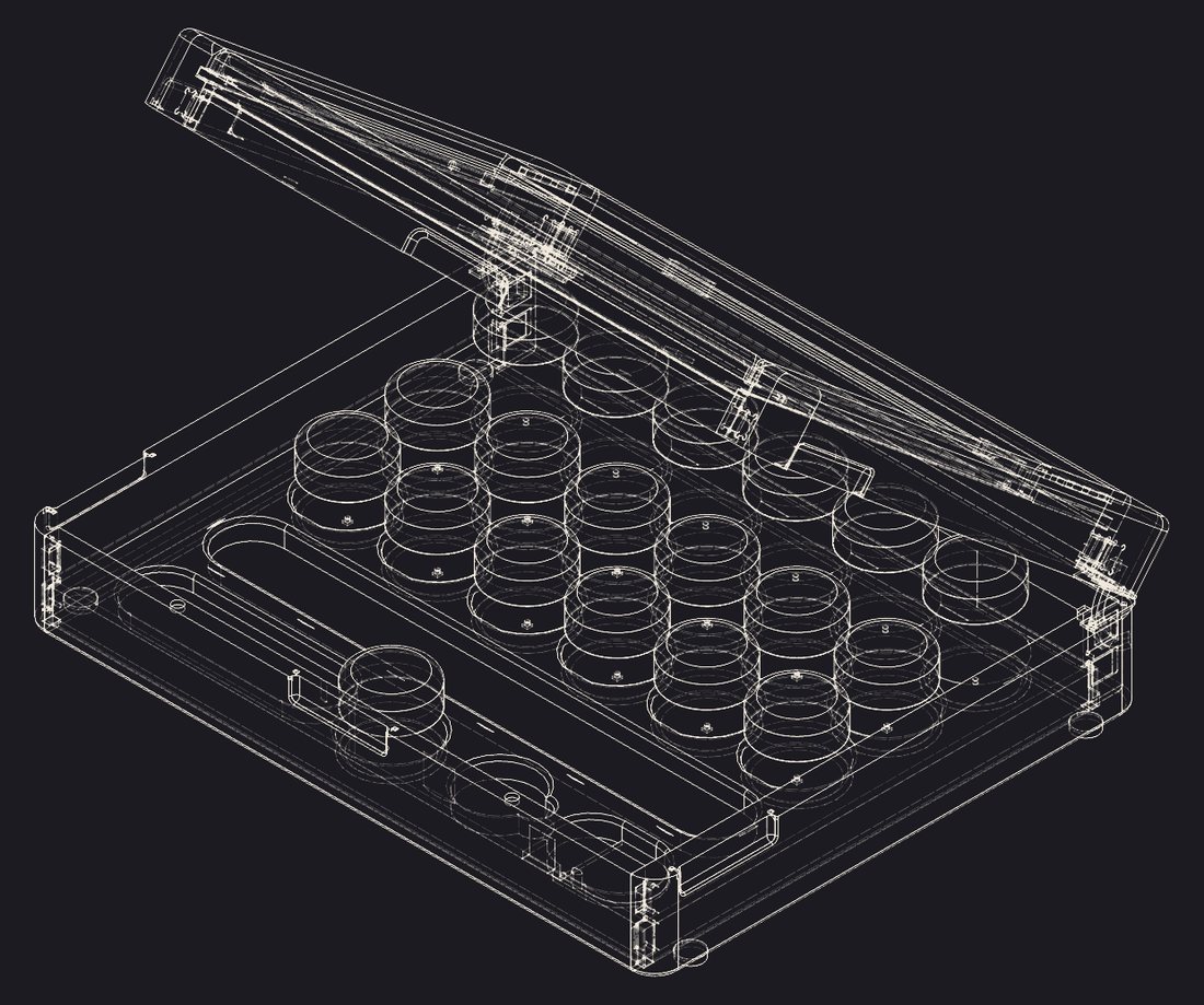 Isometric hidden-line view: every jar, the tray rails and the quadrant hinge visible through the shell.