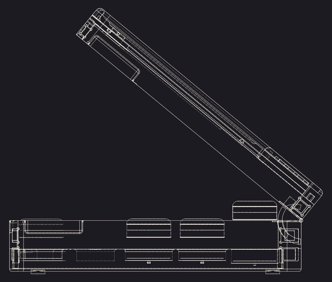 Side elevation, hidden line: well depth, tray seat and lid section.